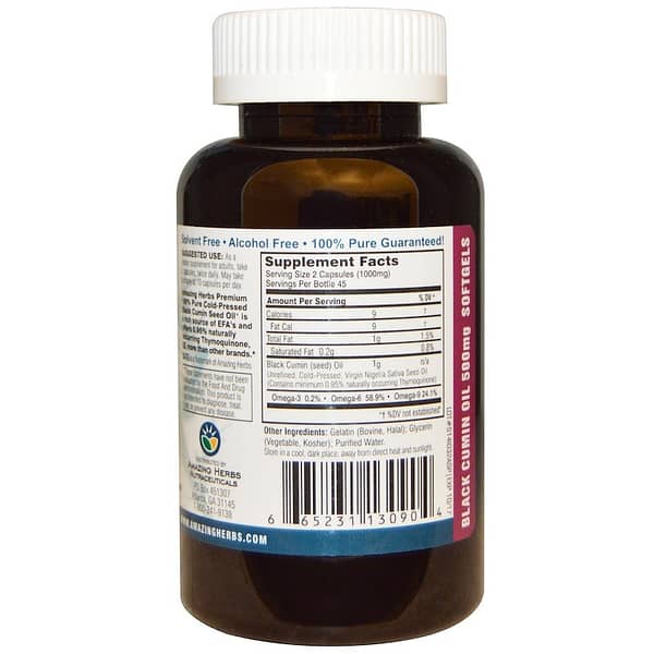 Black Cumin Seed Oil Thymoquinone 500 mg Amazing Herbs 90 Softgels