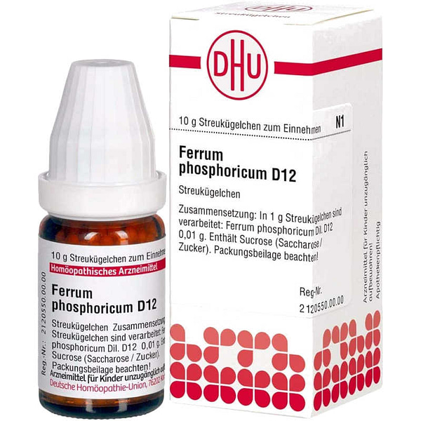 Ferrum Phosphoricum D 12 10 g Globuli Packung und Flasche